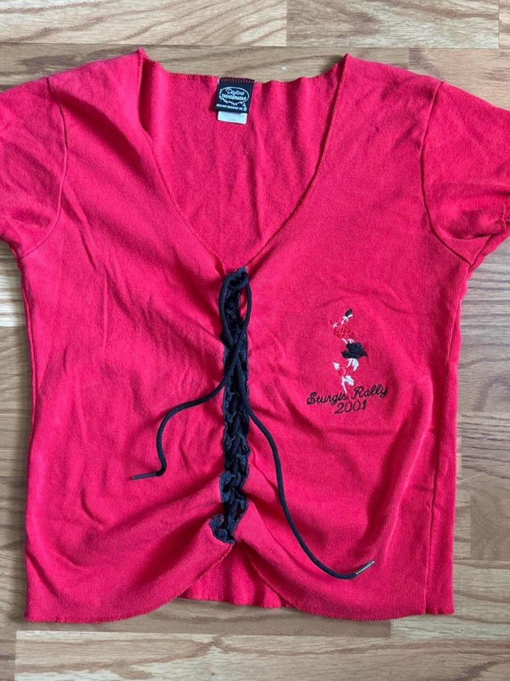 Red 2001 Sturgis Biker Women’s Lace-Up V-Neck Knit Top Sz S/M